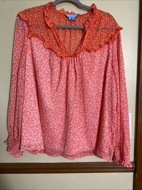Draper James Coral Red & Pink Floral Ruffle Blouse